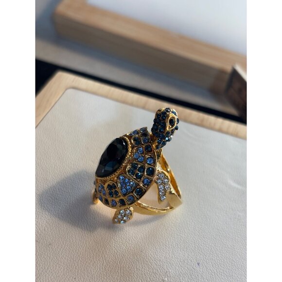 Gold Turtle Ring With Blue & Clear Crystals Adjustable Size 7 Fashion Jewelry Ac - Picture 15 of 16
